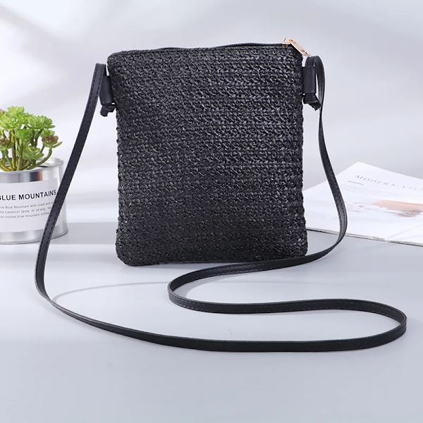 Halmfläta dam Små fyrkantiga väskor En axel lutande väska Handväska Myntväskor Sommar Casual Söt Semesterväska Black Mini(Max Length20cm)