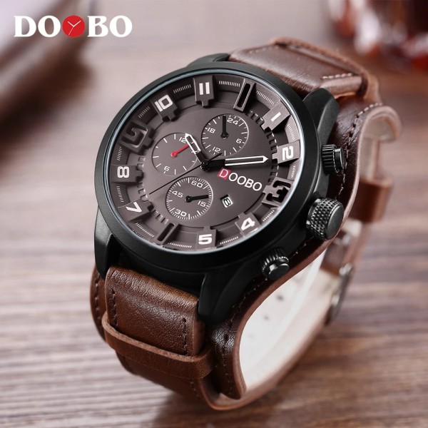 DOOBO Herr Casual Watch Herrklockor Toppmärke Lyx Quartz-klocka Läder Watch Handled Manklocka Drop brown