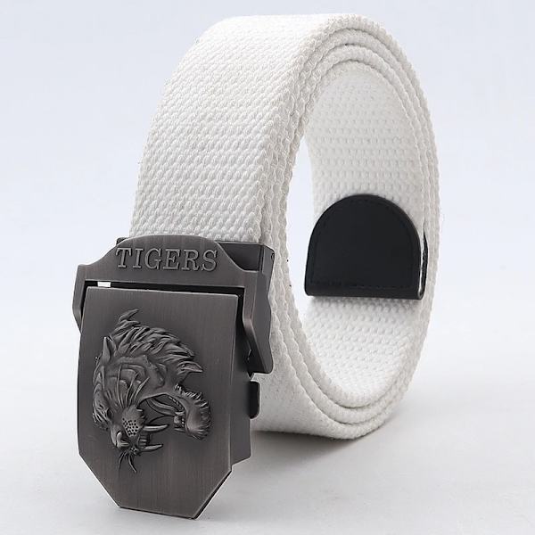 Ny canvas utomhus taktiskt armébälte 3D tigerhuvud Emblem metallspänne unisex jeansbälte för män Militärbälte Man sportrem white 120cm