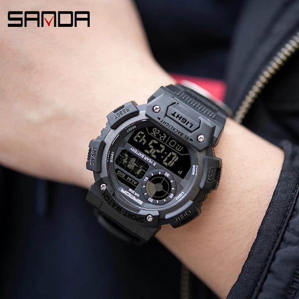 SANDA Herr Elektronisk Watch Lysande Vattentät Multifunktionell Utomhussport Herrklockor Watch Relogio Masculino 6009 Army Green