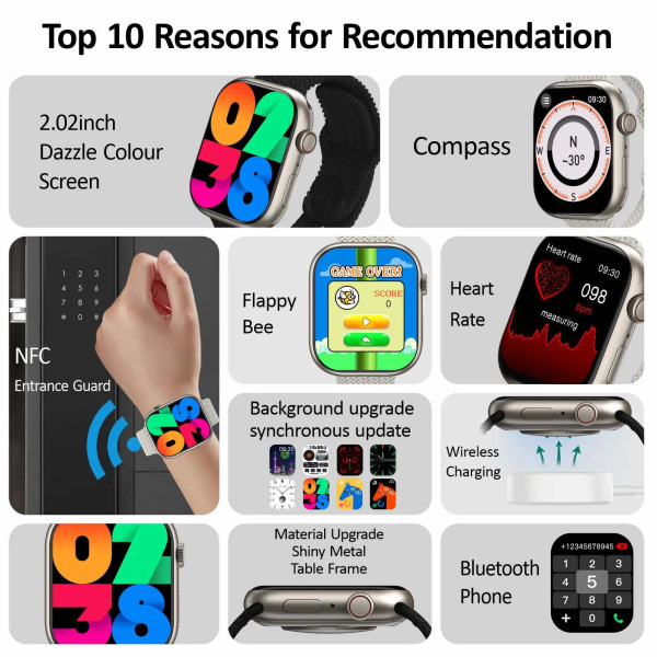 herrsmartklocka IP68 vattentät NFC Bluetooth samtal Smartwatch Series 9 AMOLED explosionssäker skärm för kvinnors smartklocka White F HK9 PRO