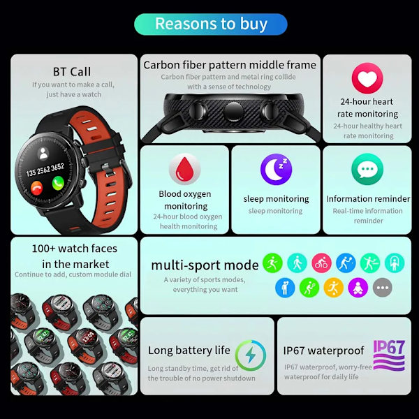 SENBONO Män Smart Watch Rund Bluetooth Svara samtal Klockor Anpassade urtavlor Sport Smartwatch Män Dam för Android IOS Red