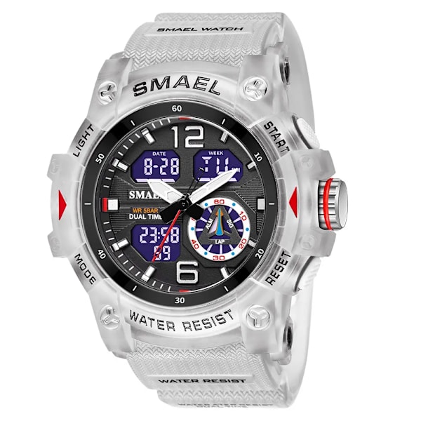 SMAEL Dual Time LED Display Watch för män Militär Sport Digitala klockor Dam Unisex Vattentät Auto Date Week Armbandsur 8007 Transparent White