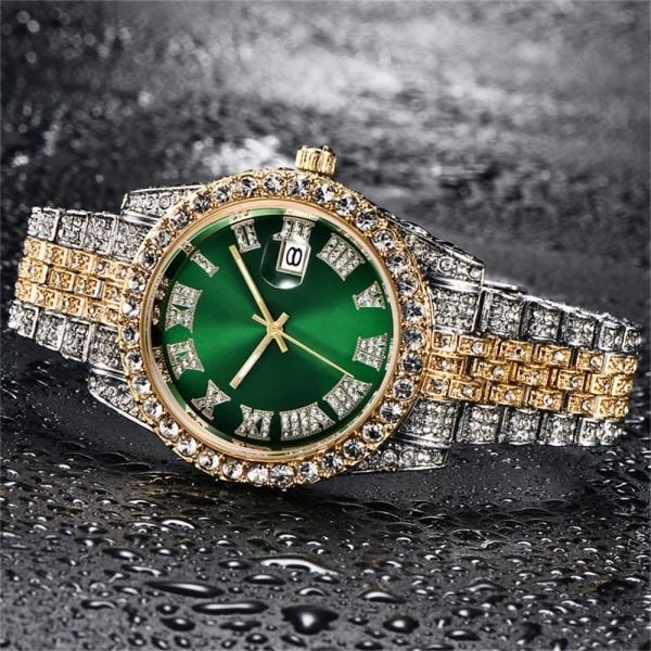 Lyx Rhinestone Roma siffror Watch Rostfritt stålband Herrarmbandsur Man Date Relogio Masculino Mix Green