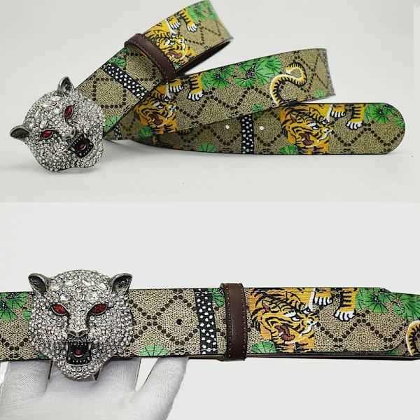 Western Rhinestone Tiger Spänne Tiger Print Läder Män Bälte Mode Jeans Causal Byxor Herr Bälte Gold 115CM