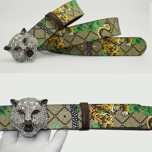Western Rhinestone Tiger Spänne Tiger Print Läder Män Bälte Mode Jeans Causal Byxor Herr Bälte Retro snake 110cm