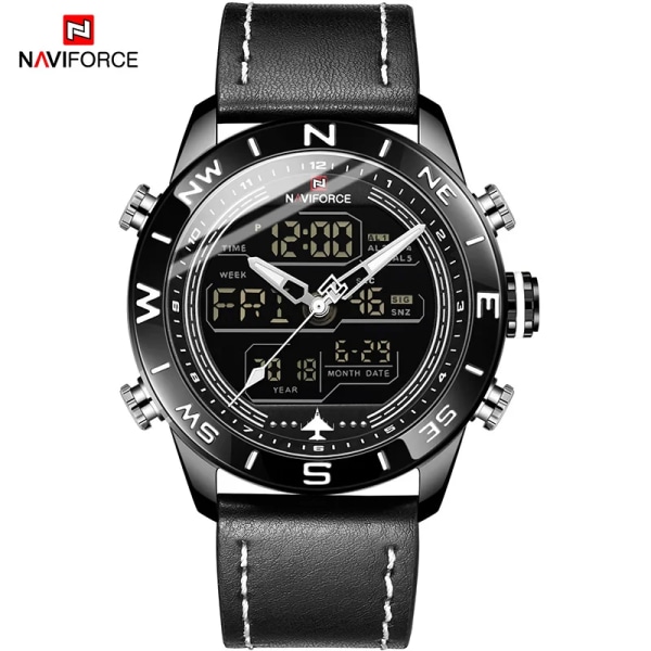 Lyxmärke Herr NAVIFORCE 9144 Army Military Watch Digital Läder Sport vattentäta Klockor Kvarts Herrklocka Relogio Masculino BWB