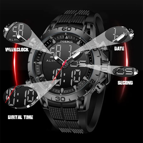 FOXBOX Herrklockor Sport Toppmärke Lyx Dual Display Quartz Watch Herr Militär vattentät klocka Digital elektronisk watch+ Box full black(.268)