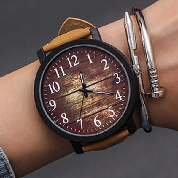 Mode Casual Steampunk Klockor Män Brunt Läderband Quartz Armbandsur Man Wood Grain Watch Drop Reloj Hombre 2021 skyblack