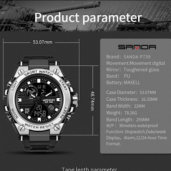 SANDA Sports Herrklockor Lyxiga Militärkvarts Elektroniska Klockor Stötsäkra Vattentät Digital Armbandsur Relogio Masculino Silver