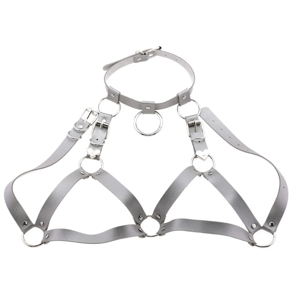 Mode Punk Cupless BH Top Läder Sele Bälte Kropp Bondage Bröstband Svart Dubb Nit Beskuren Top Bröstband Gray One size