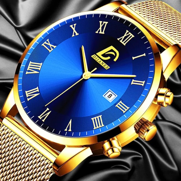 Mode för män Minimalistiska klockor Lyxiga rostfritt stål Mesh bälte Quartz Watch Herr Business Casual Watch relogio masculino Leather Gold Blue