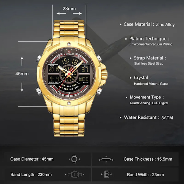 NAVIFORCE Lyxiga originalklockor för män Digital Kronograf Mode Sport Watch Rostfritt stål Vattentät klocka RGBE BOX