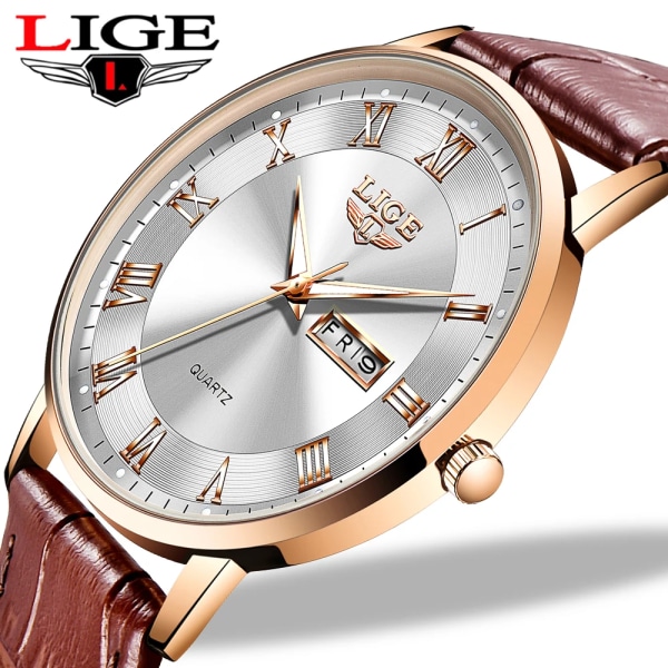Märke LIGE Watch Rose Gold Montre Femme Dam Ultratunna Mode Relojes Para Mujer Luxury Lady Armbandsur Reloj Mujer Leather gold blue