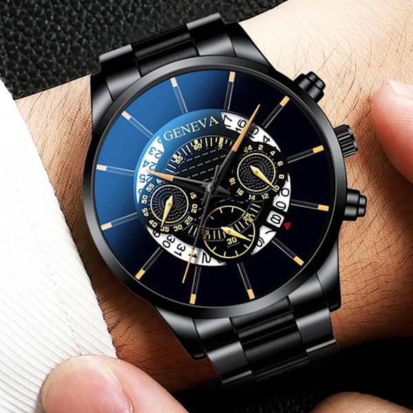 Herrklockor i rostfritt stål vattentät kalender watch Man lyxig affärsklänning watch för män mode manlig watch Black - Gold Pointer