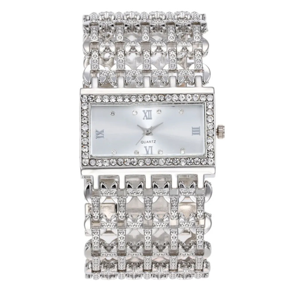 Lyxmode Damklockor Shining Dial Designkvaliteter Dam Quartz Armbandsur Diamond Square Kvinnlig Legering Armband Klocka silver