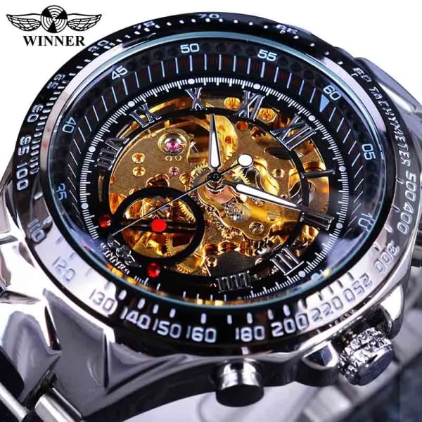 Vinnare Mekanisk Sport Design Bezel Mode Watch Herrklockor Toppmärke Lyx Montre Homme Klocka Herr Automatisk Watch Silver Golden