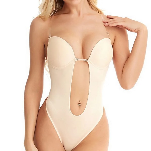 Body Shapewear Djup V-hals Body Shaper Dam Klart band Vadderat Push Up Korsett Rygglös U Plunge Thong Shaper Waist trainer Beige L