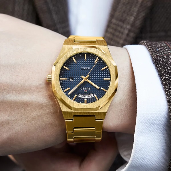 Ny åttkantig design Quartz Armbandsur Herr Klänning i gyllene rostfritt stål Watch Datum/vecka Funktioner Lyx dykarklocka Man Gold Blue