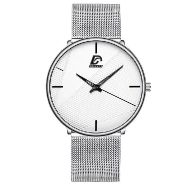 Märke Herrklockor Herr Enkelt Ultratunt mesh i rostfritt stål Bälte Quartz Clock Man Business Läder Armbandsur reloj hombre Mesh Silver White