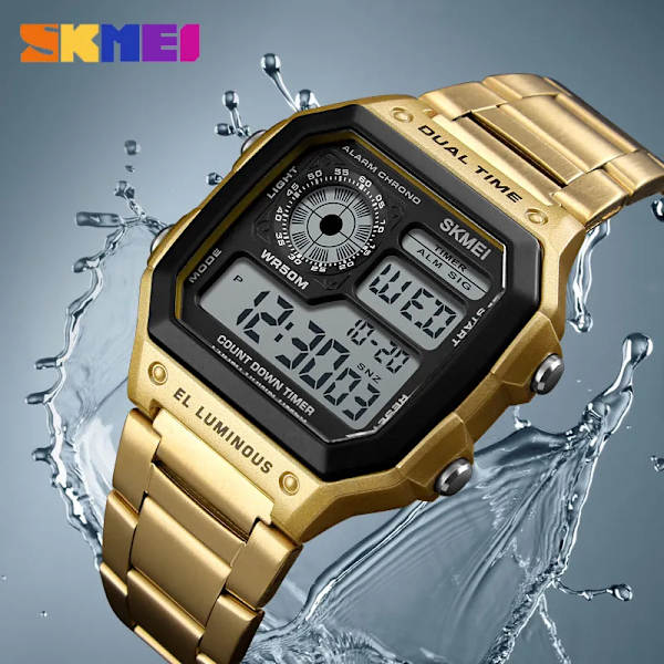 SKMEI Reloj Deportivo Digitala Herrklockor Herr Vattentät Watch Sport Armbandsur i rostfritt stål Relojes Deportivos Zegarek silver with box