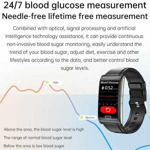 E600 Smart Watch EKG Blodsocker Män Icke-invasiv Blodsocker Puls Hälsomätare Kvinnor Sport Smartwath Armband Brown Leather