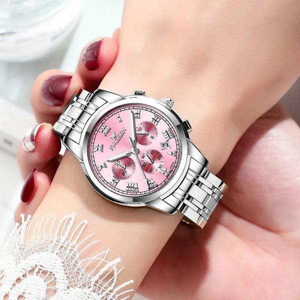 Watch i rostfritt stål Lyxigt mode i rund form Quartz Rostfritt stål hopfällbart armband Damvattentät Date Armbandsur Silver Gold Gold