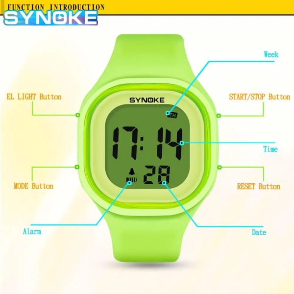 SYNOKE Män Digitala Armbandsur Sport LED Väckarklocka 50M Vattentät Timer Dam Elektronisk Watch Relogio Masculino Green