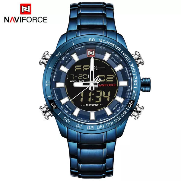 NAVIFORCE 9093 Lyx Herr Chrono Watch Märke Militär Vattentät EL Bakgrundsljus Digitala armbandsur Herr Stoppur Klocka blue