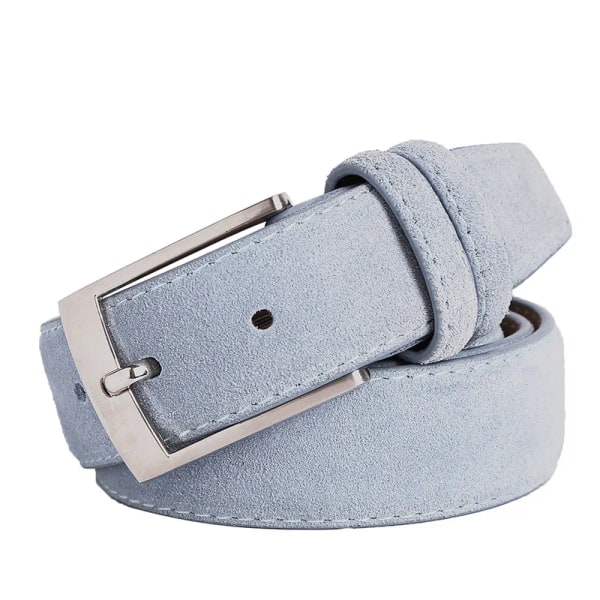Nytt mode äkta läder mocka för herr kohudsbälte Lyxigt märke Borstad metall Spänne Lt Blue 110cm