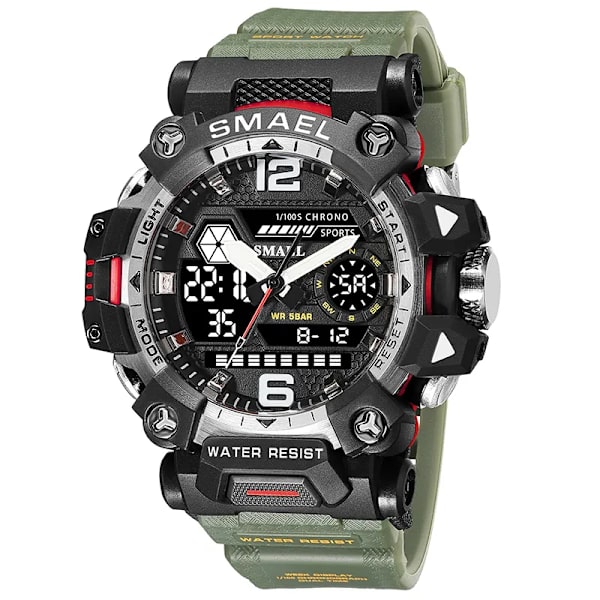 SMAEL Herrklockor 50m Vattentät Watch Military Man Watch Digital 8072 Dual Display Watch Quartz Led Digital ARMYGREEN