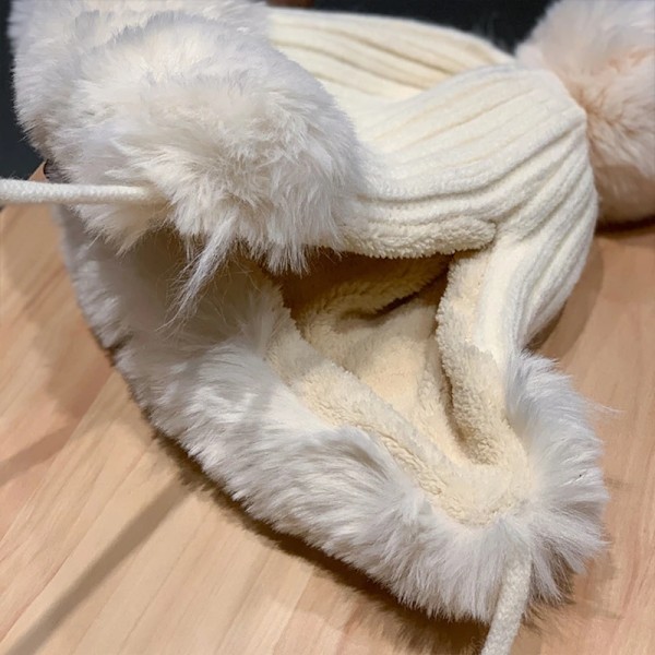 Vintermössa för kvinnor, varm fodrad med pompom, hornöronlappsmössa, söt skalle, utomhus, skridskoåkning, cykling, julklapp Beige