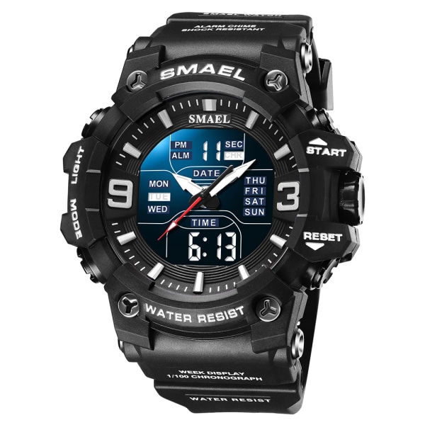 Watch Sport Vattentät LED-ljus Väckarklocka Dubbeltid Display Vecka Auto Date Armbandsur 8049 Quartz Klockor Sporttid BLACK