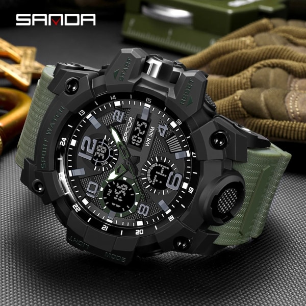 2021 SANDA Sports Military Herrklockor Vattentät Dual Display Quartz Armbandsur För Manklocka Stoppur Relogios Masculino Gold