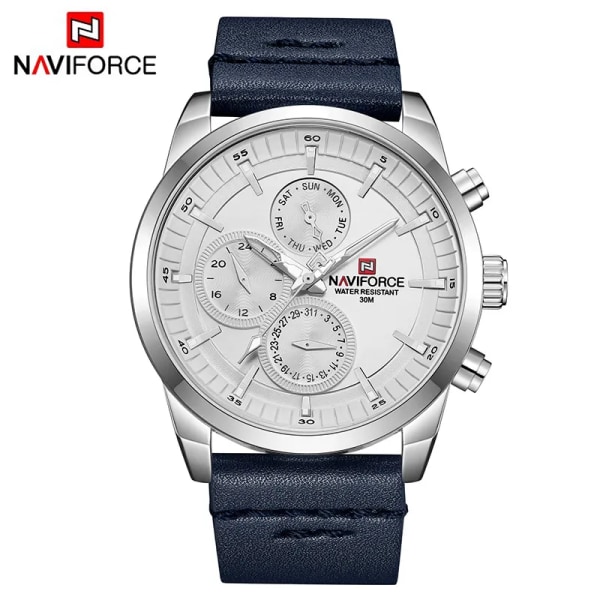 Herrklockor NAVIFORCE Toppmärke Lyx Vattentät 24 timmar Date Quartz Watch Man Mode Läder Sport Armbandsur Watch Silver White