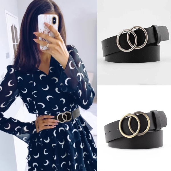 Mode dubbelt runt bälte Guld Silver Spänne Midjebälten För Kvinnor Läderbälte Dam Jeans Klänning Tillbehör ceinture femme black style 1