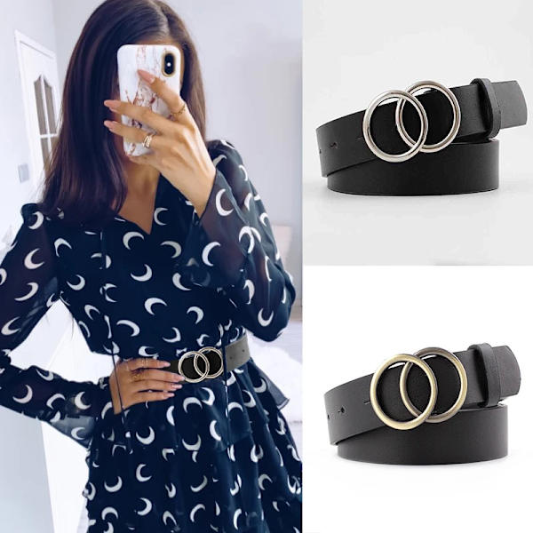 Mode dubbelt runt bälte Guld Silver Spänne Midjebälten För Kvinnor Läderbälte Dam Jeans Klänning Tillbehör ceinture femme coffee style 1