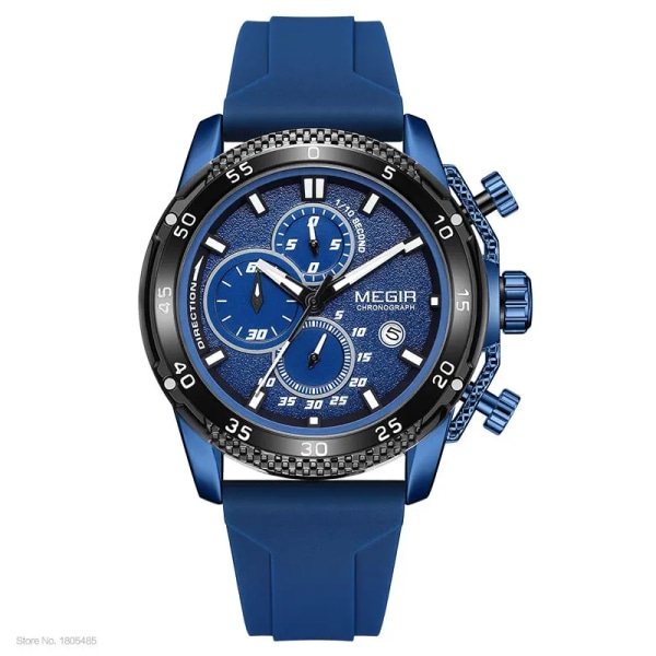 MEGIR Watch för män Mode Silikonband Chronograph Quartz Armbandsur med Auto Date Lysande visare 3atm Vattentät 2211 Blue