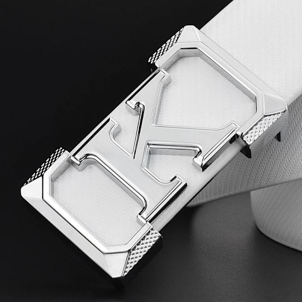 K bokstaven Casual bälte för män Vit modedesigner bälten pojke fritid Koskn midjerem äkta läder metallspänne Midjeband white silver buckle 125cm