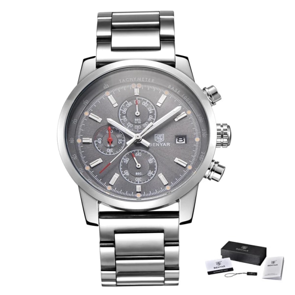 BENYAR Mode Chronograph Sport Herrklockor Toppmärke Lyx Quartz Watch Reloj Hombre saat Klocka Man timme relogio Masculino Steel Grey