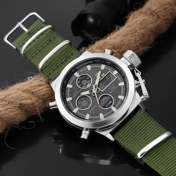 GOLDENHOUR Top Lyx Märke Utomhus Sport Watch Herr Army Canvas Klockor Auto Date Display Quartz Armbandsur Relogio Masculino Black With Box