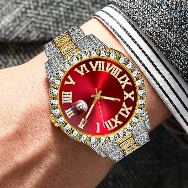 Iced Out Watch Herr Lyx Märke Full Diamond Herrklockor AAA CZ Quartz Watch Vattentät Hip Hop Man Klocka Present För Herr Silver Red Set