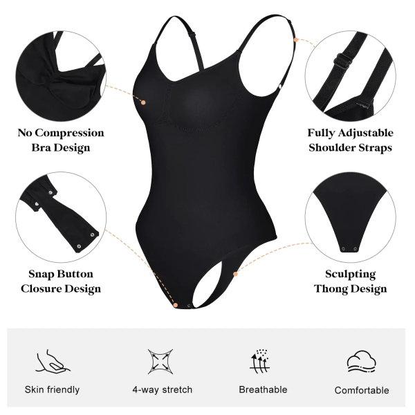 Rygglös bodysuit för kvinnor Magkontroll Shapewear Seamless Sculpting Body Shaper String linne Shaper Slimming för underkläder Black L