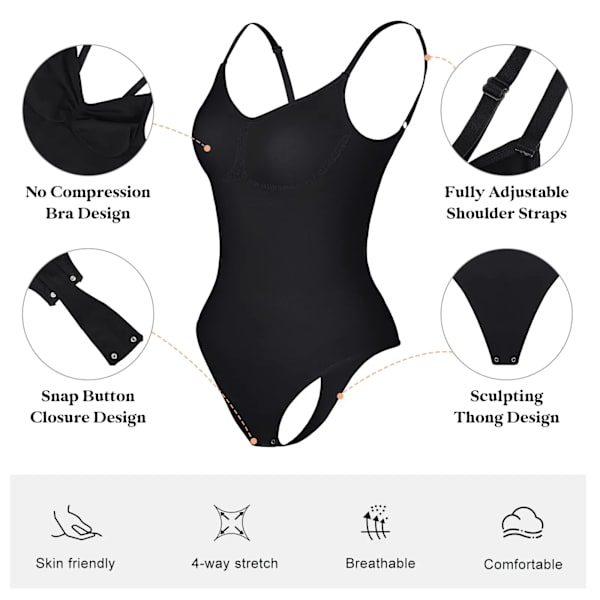 Rygglös bodysuit för kvinnor Magkontroll Shapewear Seamless Sculpting Body Shaper String linne Shaper Slimming för underkläder Black XXXL