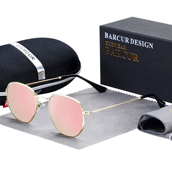 BARCUR Klassiska Retro Reflex Solglasögon Man Hexagon Solglasögon Metallram Glasögon Solglasögon Med Box Oculos De Sol gafas Pink BARCUR