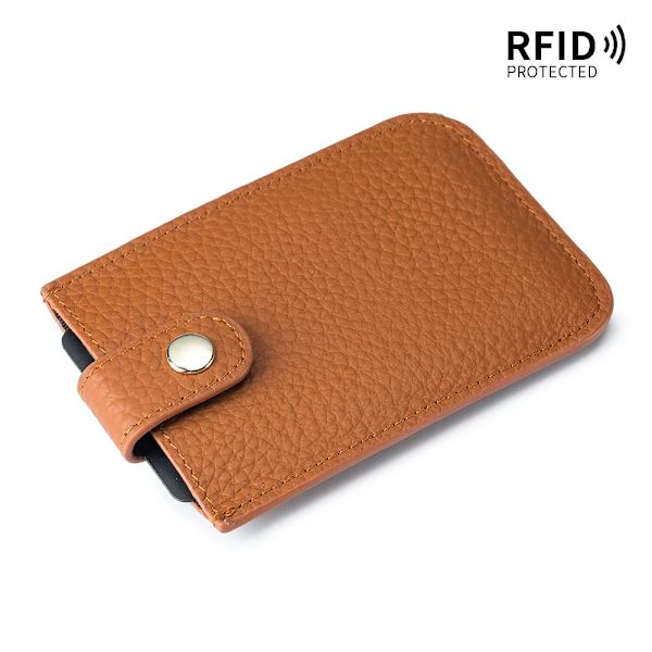 Smal korthållare i äkta läder Snabb åtkomst dragflik RFID-foder Mjuk kohud Män Kvinnor Bärbar cover. Caramel Gray