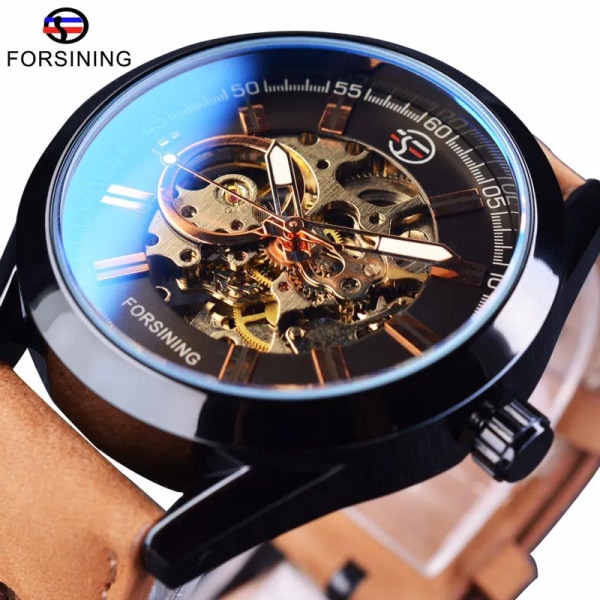 Forsining Blue Light Glass Herr Casual Watch Läder Militär Automatisk Herr Mekanisk Watch Skelett Lysande klocka Black Brown