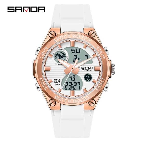 SANDA Luxury Ms LED Digital Watch Mode Casual Watch Kvinnor Flicka Militär Vattentäta Armbandsur Montre Dames 6067 White Rose