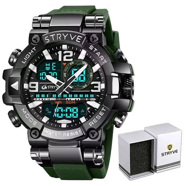 Ny STRYVE- watch för män Digital-Analog Dual Movement Calendar Week Vattentäta klockor Mode Sport Herrarmbandsur 8025 Army Green