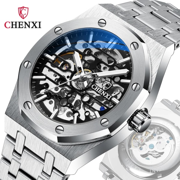 CHENXI 8848 2021 nya automatiska män Toppmärke Mekanisk Tourbillon armbandsur Vattentät Business Rostfritt Sport Herrklockor silver white(.260)